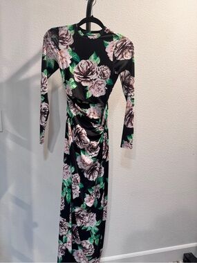 AFRM Black Floral Long Sleeve Ruched Maxi Dress hi slit